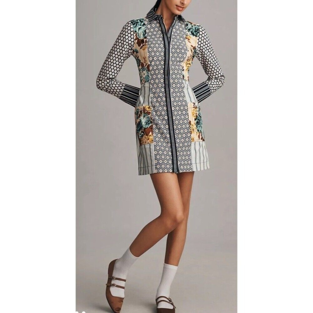 Maeve Anthropologie Buttondown Mini Dress Long Sleeve Pockets Sz 2 Floral Preppy
